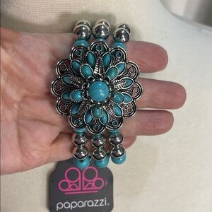 Paparazzi Turquoise and Silver Floral Stretch Bracelet